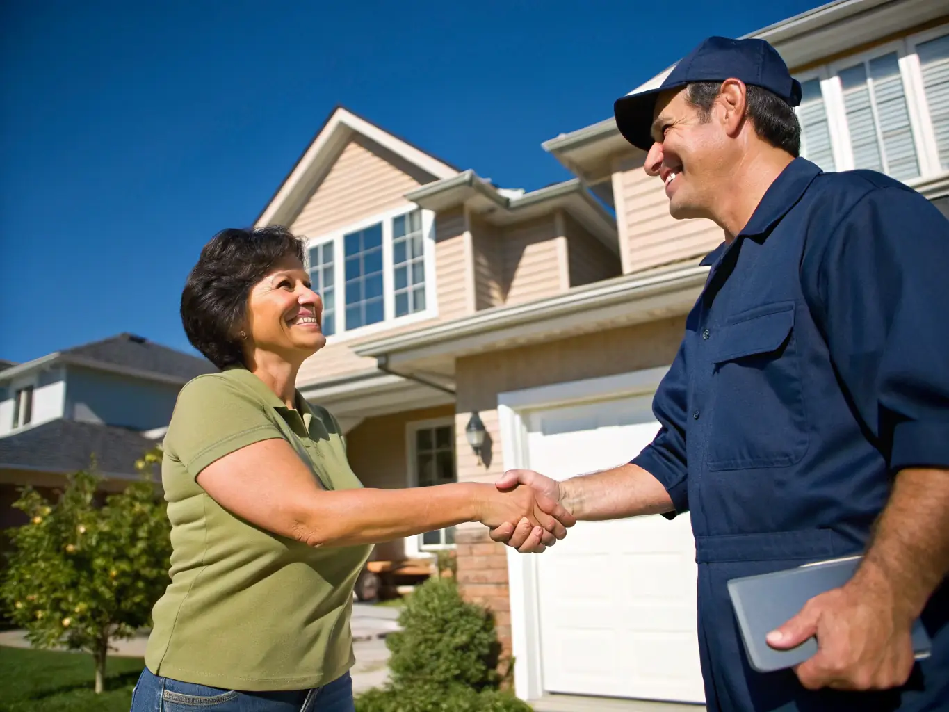 A photo depicting a homeowner shaking hands with Matt Paxson in front of a house needing renovation, symbolizing the start of the partnership.