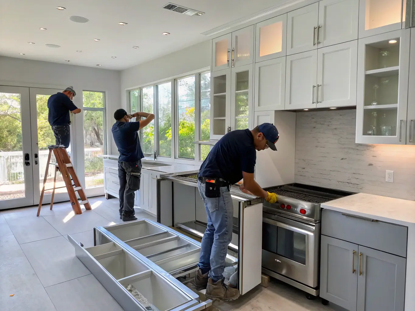An image depicting a construction crew working on a kitchen renovation, with modern appliances and updated cabinetry being installed. The scene is active and shows progress.
