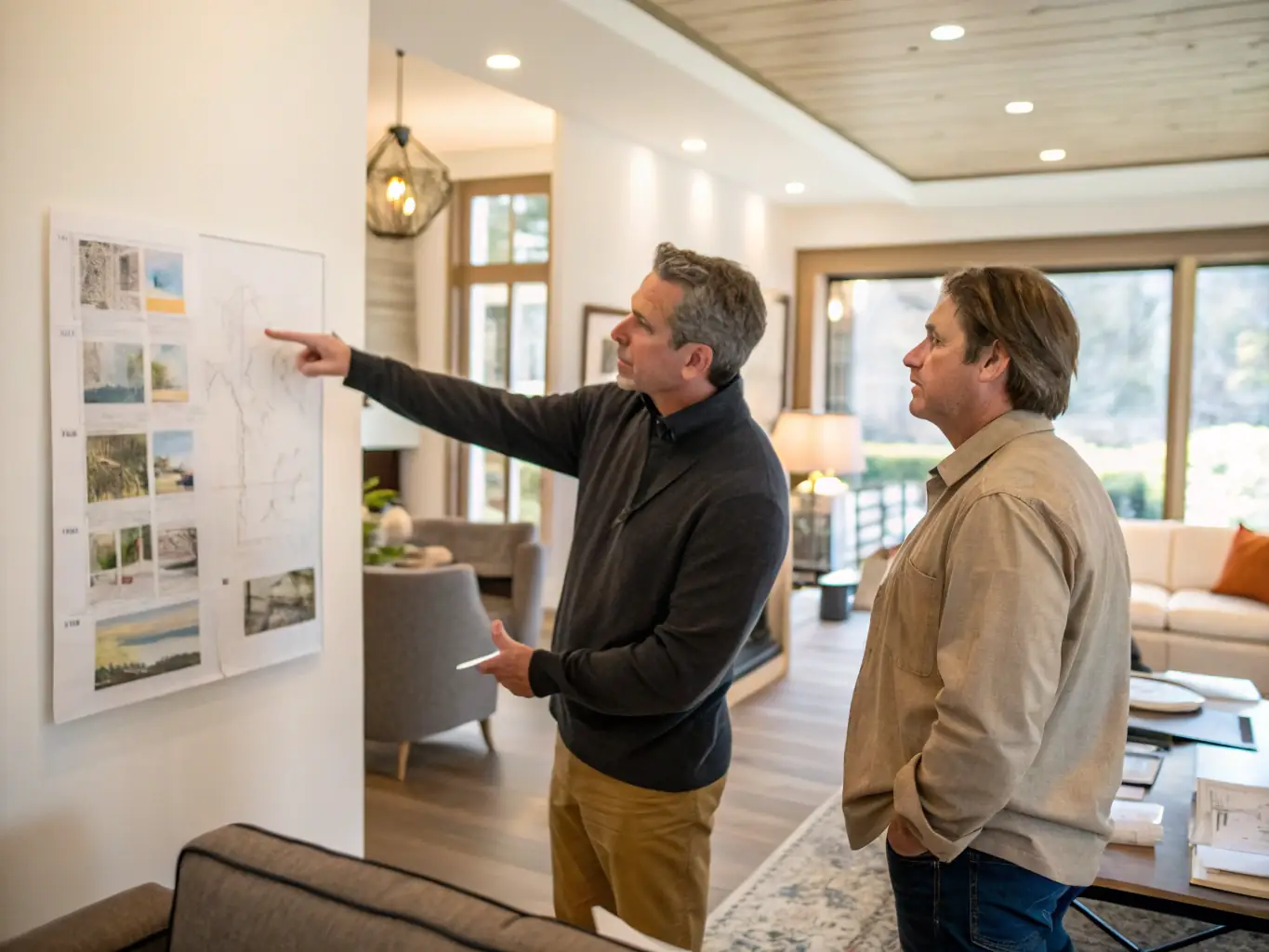 A photo showcasing a home assessment in progress, with a 50KRehab representative discussing renovation options with a homeowner in their living room. The atmosphere is collaborative and positive.